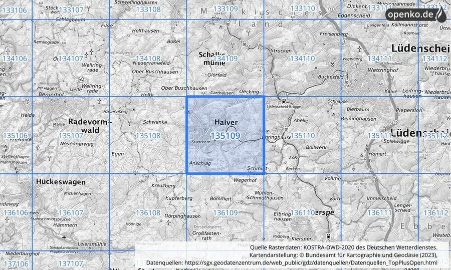 Übersichtskarte des KOSTRA-DWD-2020-Rasterfeldes Nr. 135109