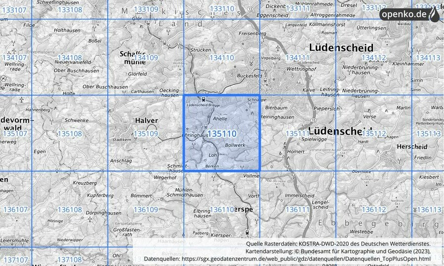 Übersichtskarte des KOSTRA-DWD-2020-Rasterfeldes Nr. 135110