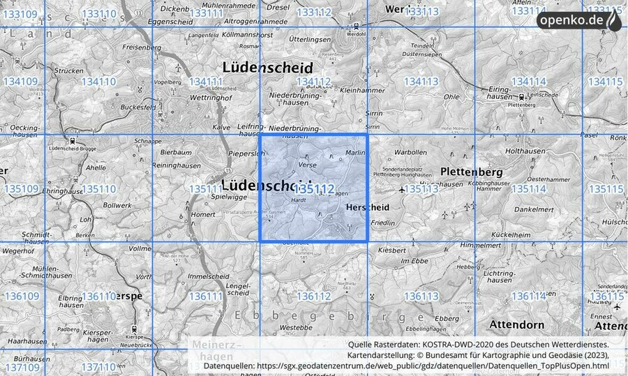 Übersichtskarte des KOSTRA-DWD-2020-Rasterfeldes Nr. 135112