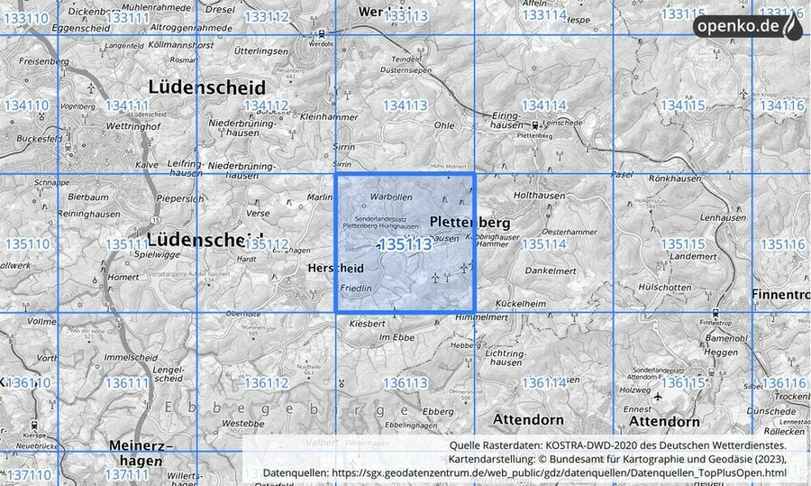 Übersichtskarte des KOSTRA-DWD-2020-Rasterfeldes Nr. 135113