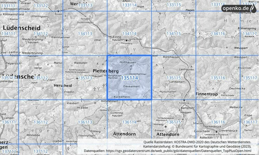 Übersichtskarte des KOSTRA-DWD-2020-Rasterfeldes Nr. 135114