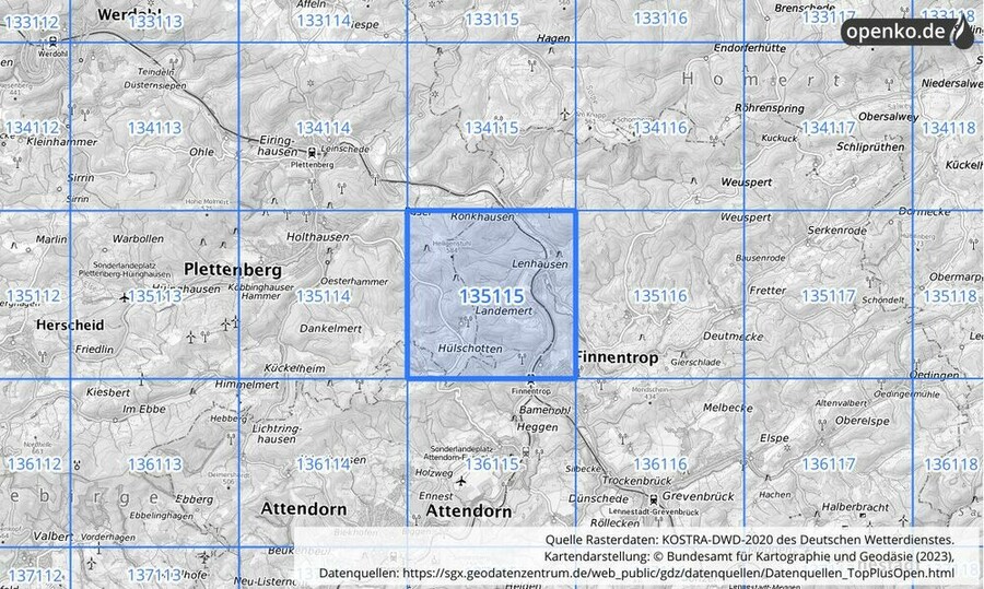 Übersichtskarte des KOSTRA-DWD-2020-Rasterfeldes Nr. 135115