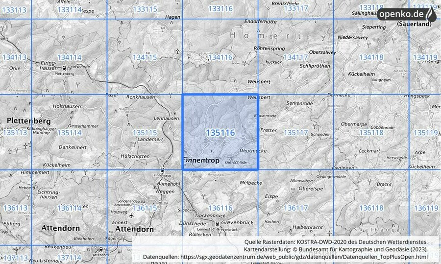 Übersichtskarte des KOSTRA-DWD-2020-Rasterfeldes Nr. 135116