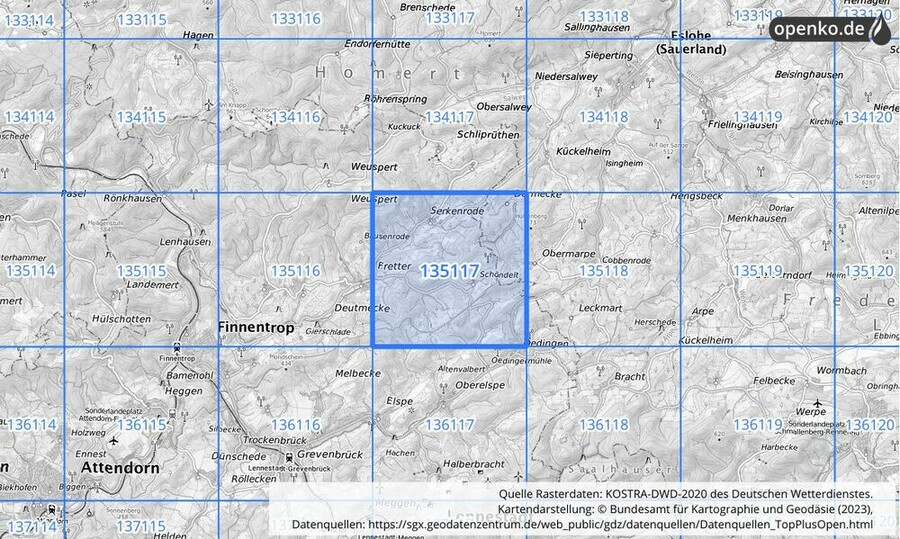 Übersichtskarte des KOSTRA-DWD-2020-Rasterfeldes Nr. 135117