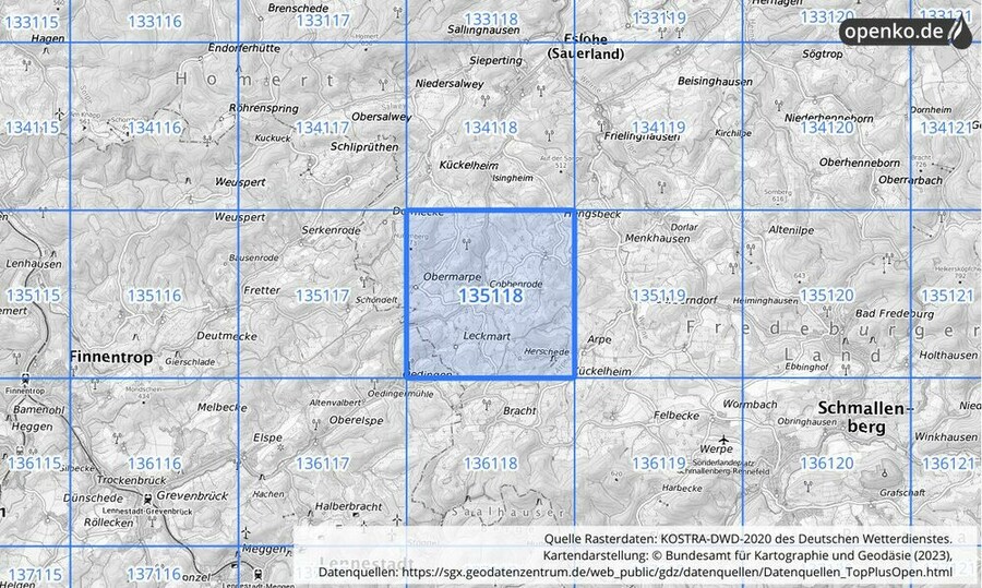 Übersichtskarte des KOSTRA-DWD-2020-Rasterfeldes Nr. 135118