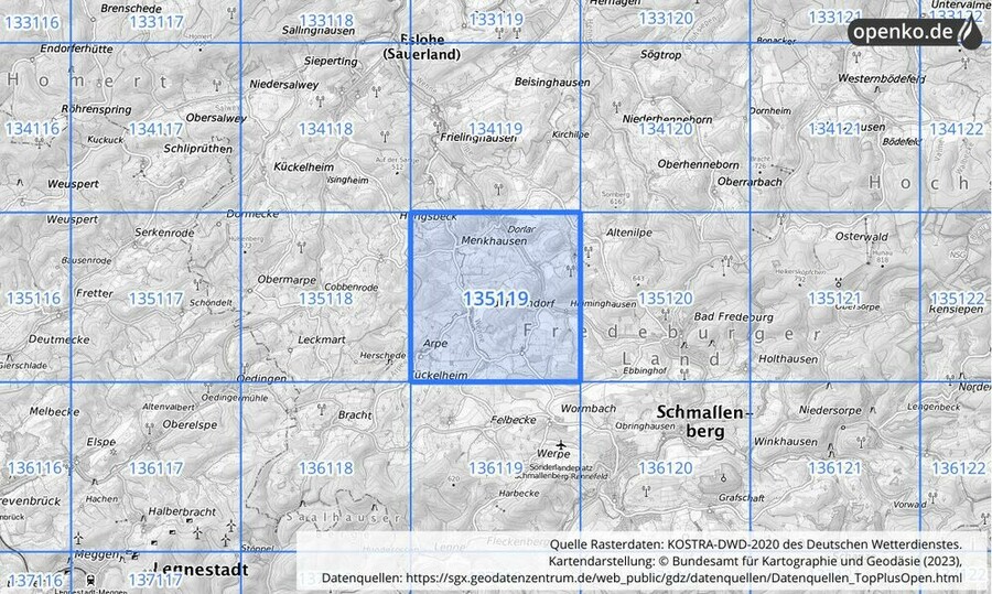 Übersichtskarte des KOSTRA-DWD-2020-Rasterfeldes Nr. 135119