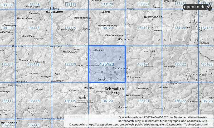 Übersichtskarte des KOSTRA-DWD-2020-Rasterfeldes Nr. 135120