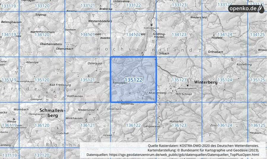 Übersichtskarte des KOSTRA-DWD-2020-Rasterfeldes Nr. 135122