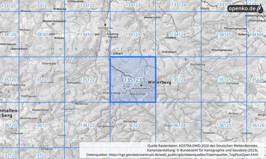 Übersichtskarte des KOSTRA-DWD-2020-Rasterfeldes Nr. 135123