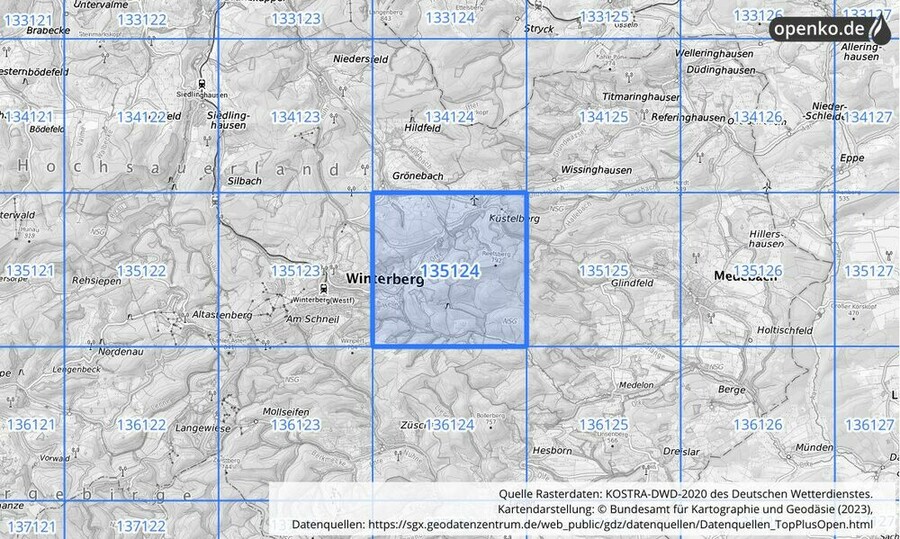 Übersichtskarte des KOSTRA-DWD-2020-Rasterfeldes Nr. 135124