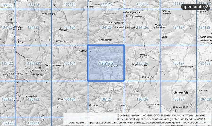 Übersichtskarte des KOSTRA-DWD-2020-Rasterfeldes Nr. 135125