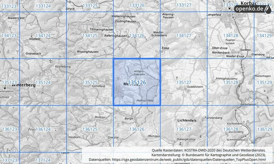 Übersichtskarte des KOSTRA-DWD-2020-Rasterfeldes Nr. 135126