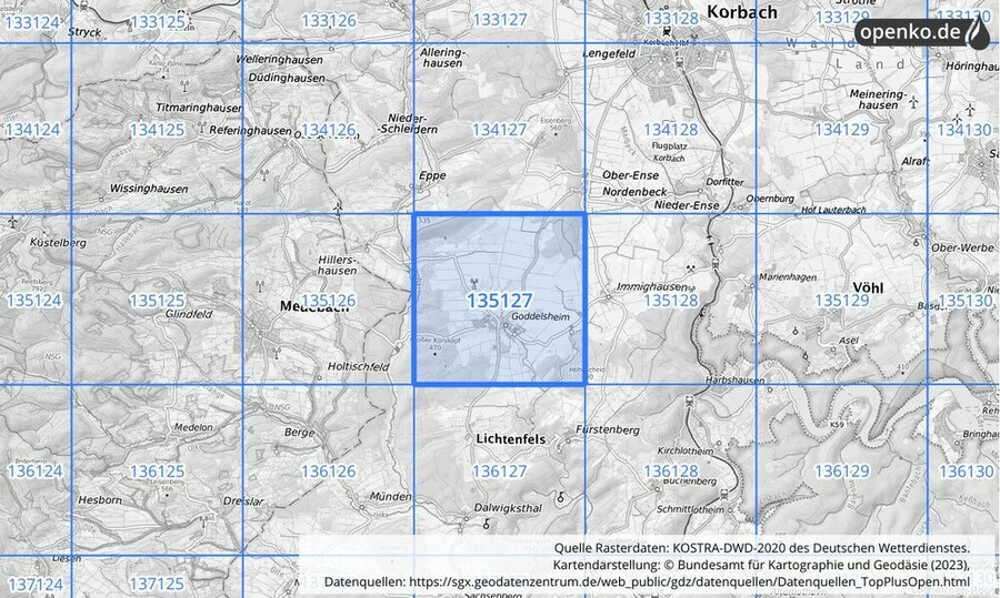 Übersichtskarte des KOSTRA-DWD-2020-Rasterfeldes Nr. 135127