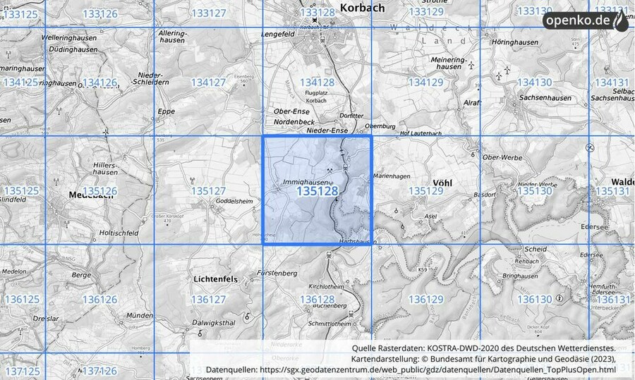 Übersichtskarte des KOSTRA-DWD-2020-Rasterfeldes Nr. 135128