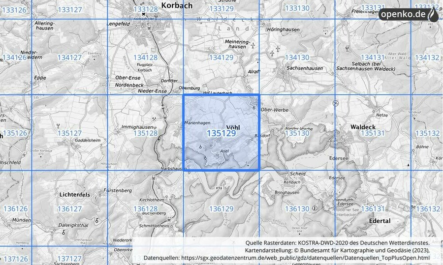 Übersichtskarte des KOSTRA-DWD-2020-Rasterfeldes Nr. 135129