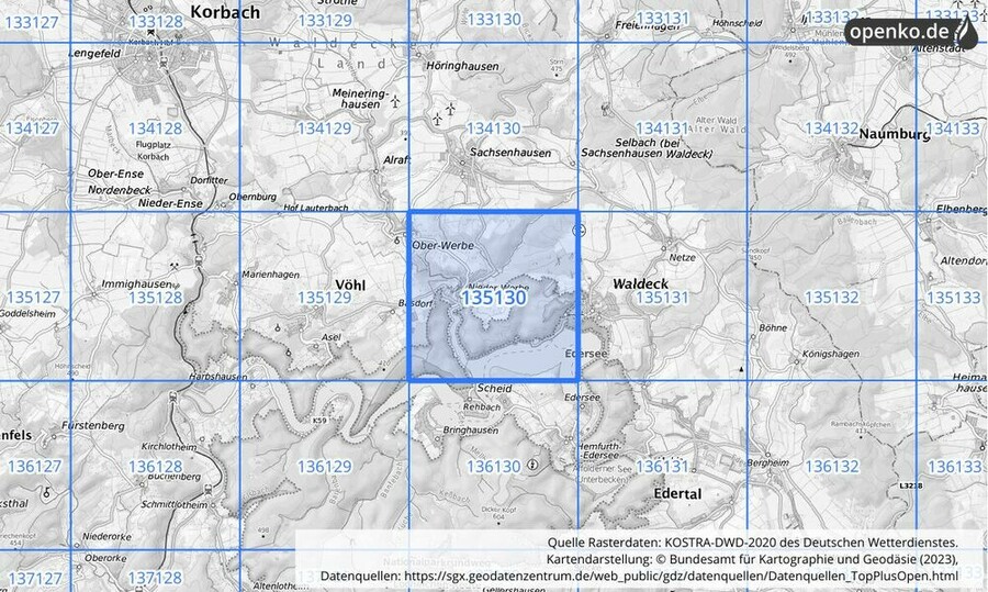 Übersichtskarte des KOSTRA-DWD-2020-Rasterfeldes Nr. 135130