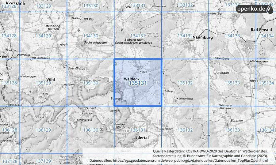 Übersichtskarte des KOSTRA-DWD-2020-Rasterfeldes Nr. 135131