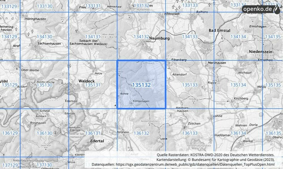 Übersichtskarte des KOSTRA-DWD-2020-Rasterfeldes Nr. 135132