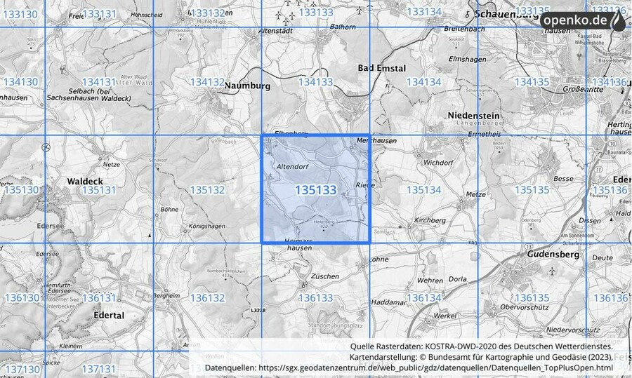 Übersichtskarte des KOSTRA-DWD-2020-Rasterfeldes Nr. 135133