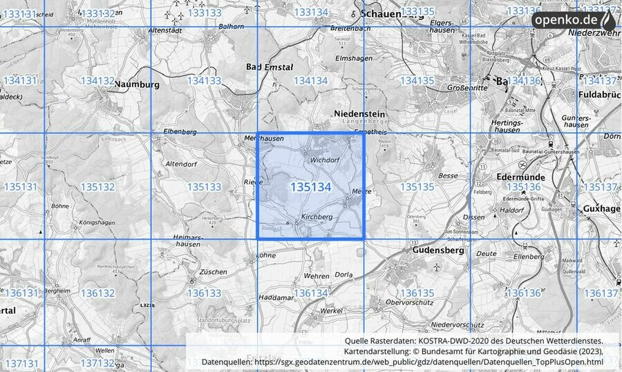 Übersichtskarte des KOSTRA-DWD-2020-Rasterfeldes Nr. 135134