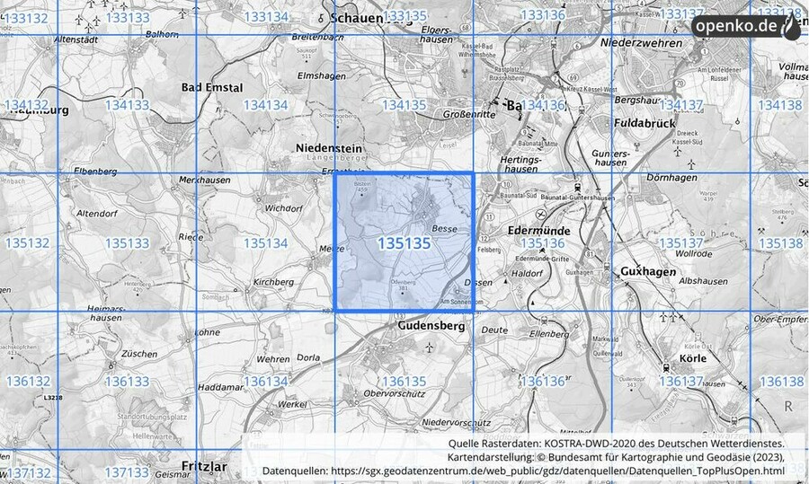 Übersichtskarte des KOSTRA-DWD-2020-Rasterfeldes Nr. 135135