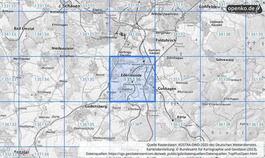 Übersichtskarte des KOSTRA-DWD-2020-Rasterfeldes Nr. 135136