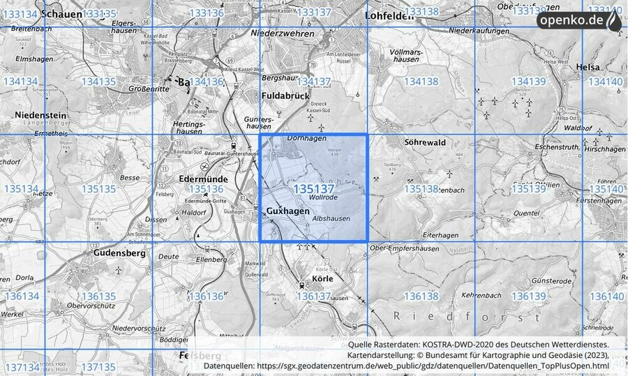 Übersichtskarte des KOSTRA-DWD-2020-Rasterfeldes Nr. 135137