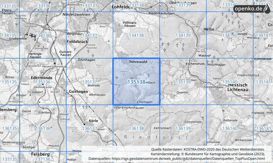 Übersichtskarte des KOSTRA-DWD-2020-Rasterfeldes Nr. 135138