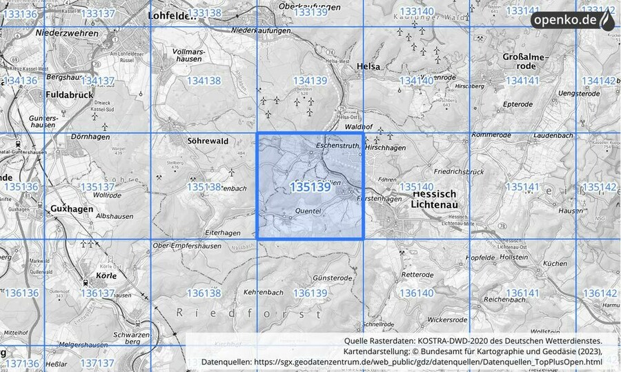 Übersichtskarte des KOSTRA-DWD-2020-Rasterfeldes Nr. 135139