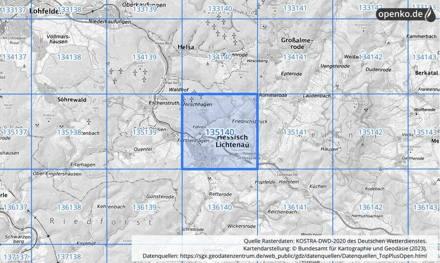 Übersichtskarte des KOSTRA-DWD-2020-Rasterfeldes Nr. 135140