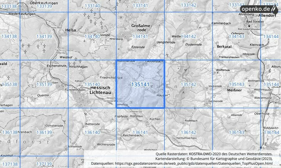 Übersichtskarte des KOSTRA-DWD-2020-Rasterfeldes Nr. 135141