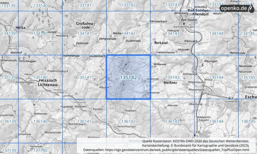 Übersichtskarte des KOSTRA-DWD-2020-Rasterfeldes Nr. 135142