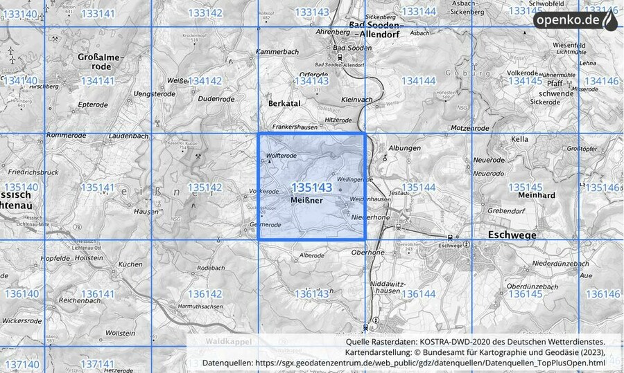 Übersichtskarte des KOSTRA-DWD-2020-Rasterfeldes Nr. 135143