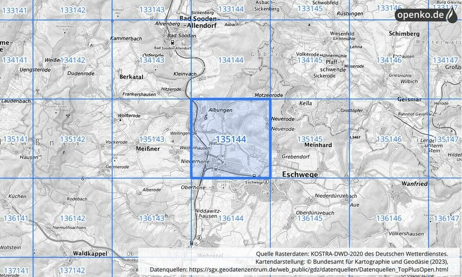 Übersichtskarte des KOSTRA-DWD-2020-Rasterfeldes Nr. 135144