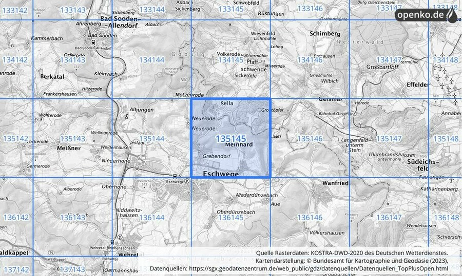 Übersichtskarte des KOSTRA-DWD-2020-Rasterfeldes Nr. 135145