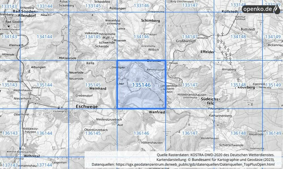 Übersichtskarte des KOSTRA-DWD-2020-Rasterfeldes Nr. 135146