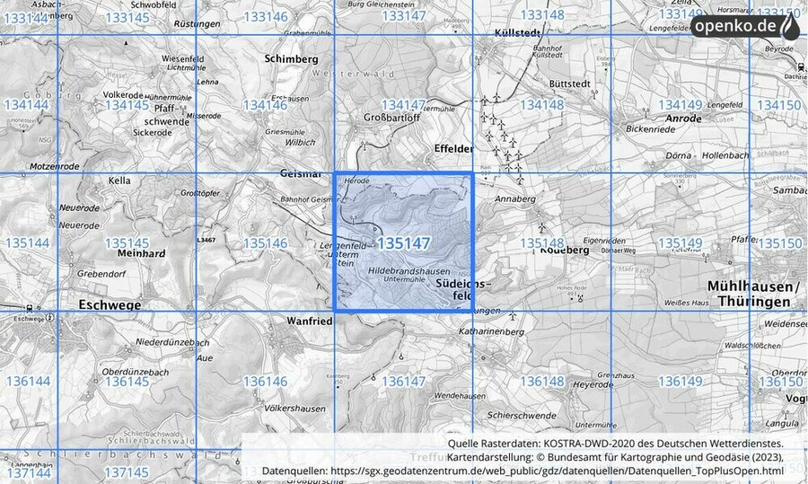 Übersichtskarte des KOSTRA-DWD-2020-Rasterfeldes Nr. 135147