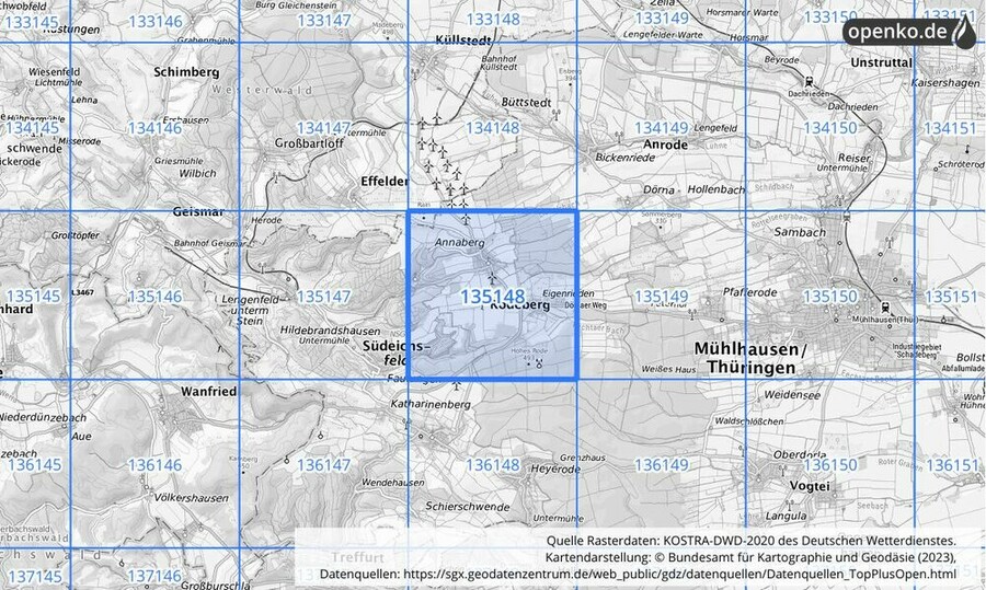 Übersichtskarte des KOSTRA-DWD-2020-Rasterfeldes Nr. 135148