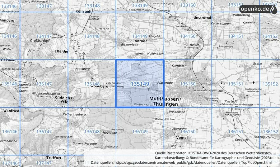 Übersichtskarte des KOSTRA-DWD-2020-Rasterfeldes Nr. 135149