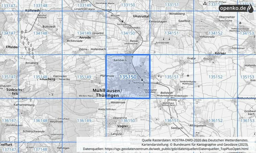 Übersichtskarte des KOSTRA-DWD-2020-Rasterfeldes Nr. 135150