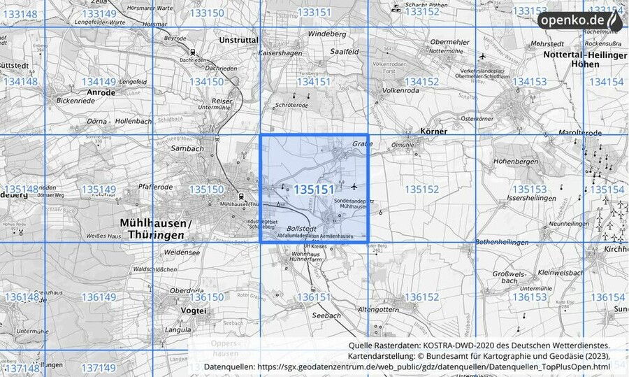 Übersichtskarte des KOSTRA-DWD-2020-Rasterfeldes Nr. 135151