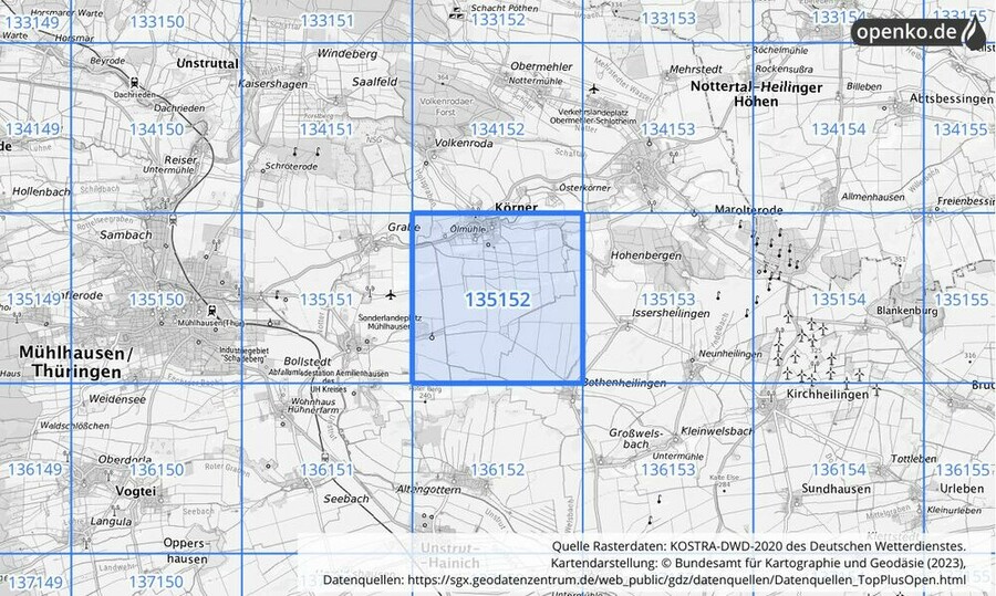 Übersichtskarte des KOSTRA-DWD-2020-Rasterfeldes Nr. 135152