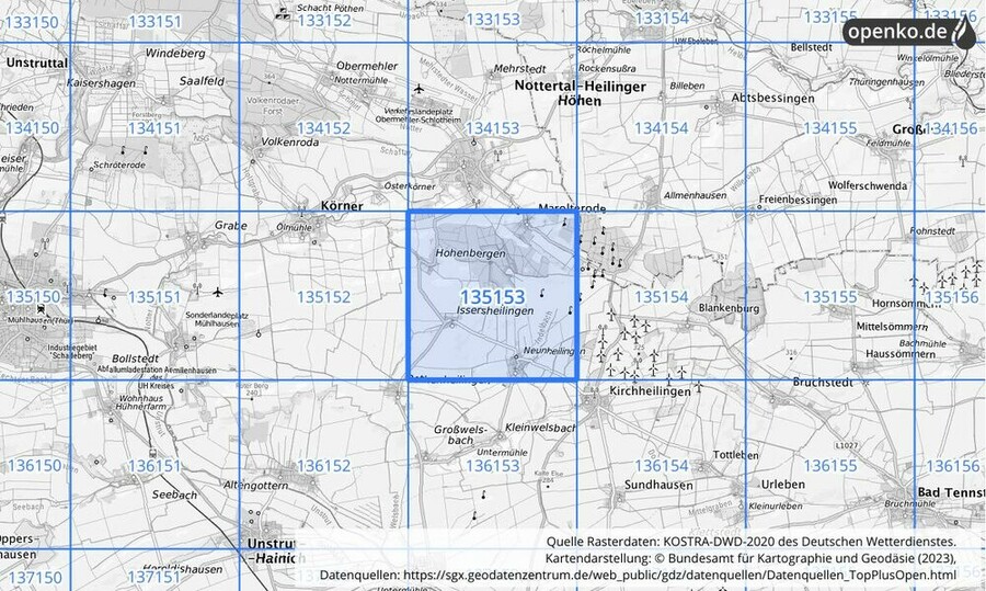 Übersichtskarte des KOSTRA-DWD-2020-Rasterfeldes Nr. 135153