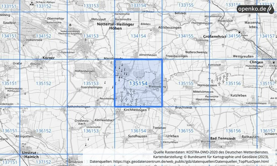 Übersichtskarte des KOSTRA-DWD-2020-Rasterfeldes Nr. 135154