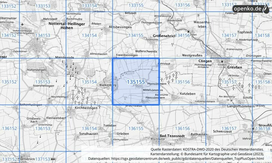 Übersichtskarte des KOSTRA-DWD-2020-Rasterfeldes Nr. 135155