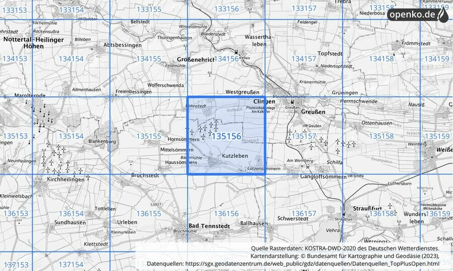 Übersichtskarte des KOSTRA-DWD-2020-Rasterfeldes Nr. 135156