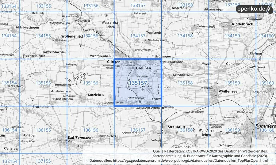 Übersichtskarte des KOSTRA-DWD-2020-Rasterfeldes Nr. 135157