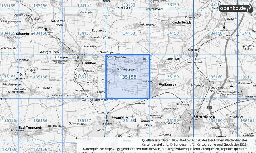 Übersichtskarte des KOSTRA-DWD-2020-Rasterfeldes Nr. 135158