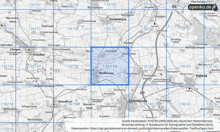 Übersichtskarte des KOSTRA-DWD-2020-Rasterfeldes Nr. 135159