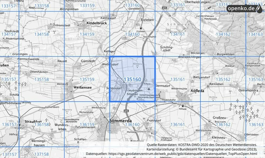 Übersichtskarte des KOSTRA-DWD-2020-Rasterfeldes Nr. 135160